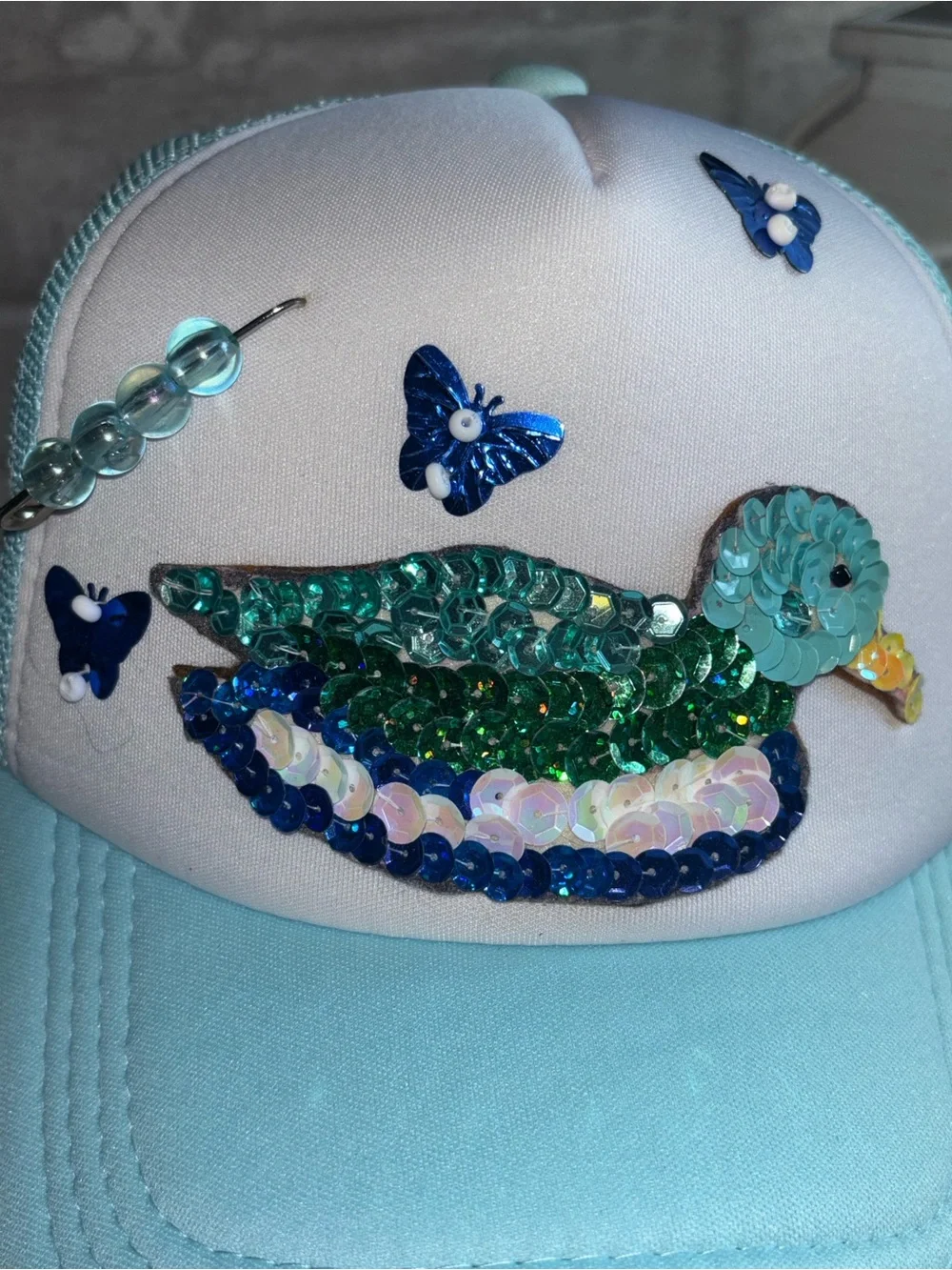Handmade Sequin Design, Baby Blue, Duck Trucker Hat